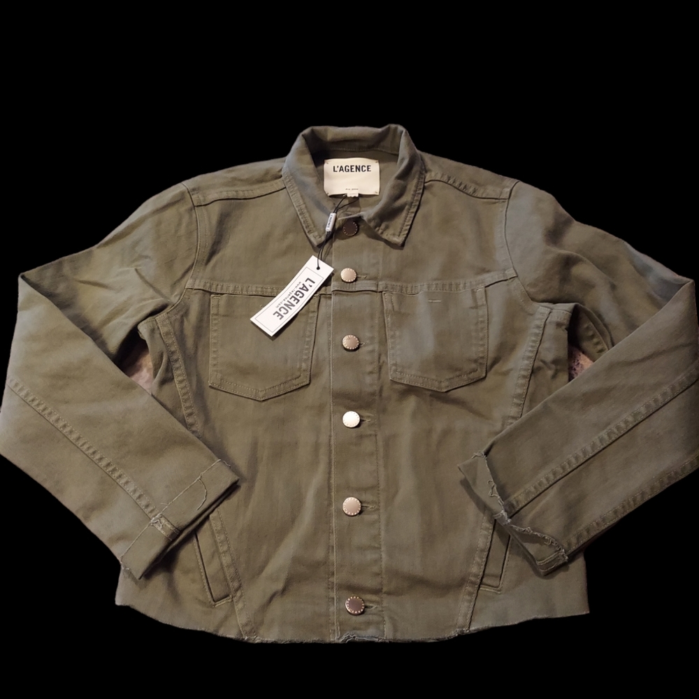 L’agence Janelle Slim Raw Hem Denim Jean Jacket NWT MSRP $365 Sz S Army Green